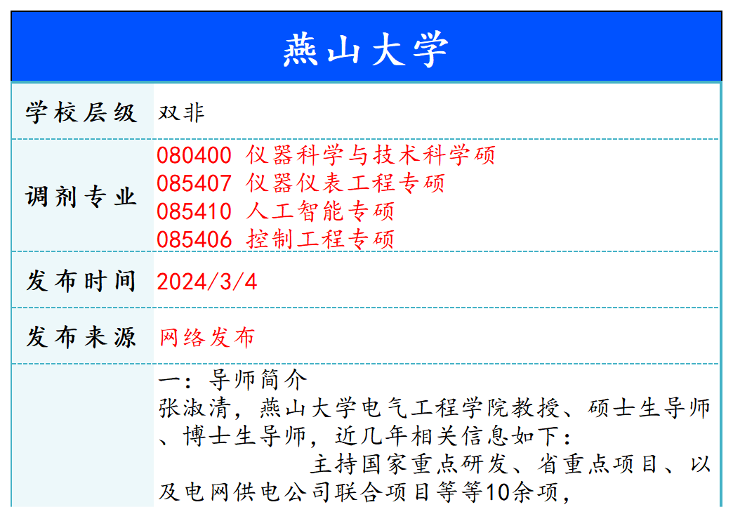 【240304】燕山大学—080400 仪器科学与技术学硕、085407 仪器仪表工程专硕、085410 人工智能专硕、085406 控制工程专硕-梦马考研