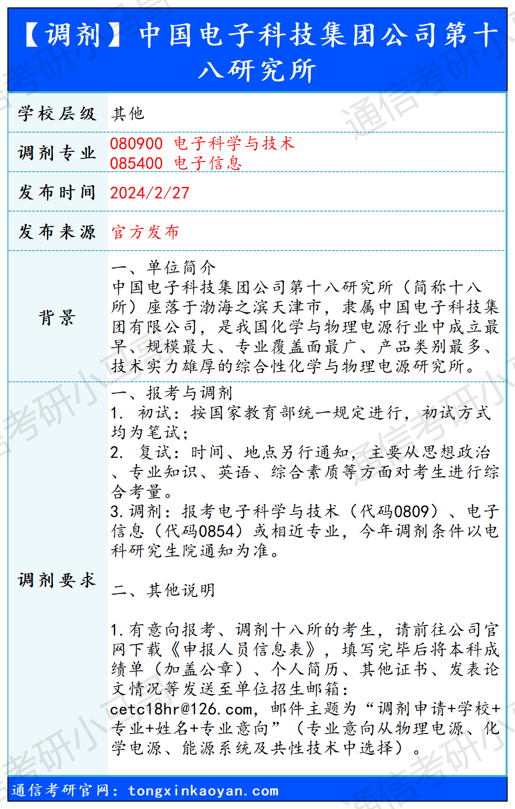 图片[1]-【240308】中国电子科技集团公司第十八研究所—080900电子科学与技术、085400电子信息-梦马考研