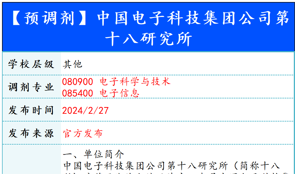 【240308】中国电子科技集团公司第十八研究所—080900电子科学与技术、085400电子信息-梦马考研