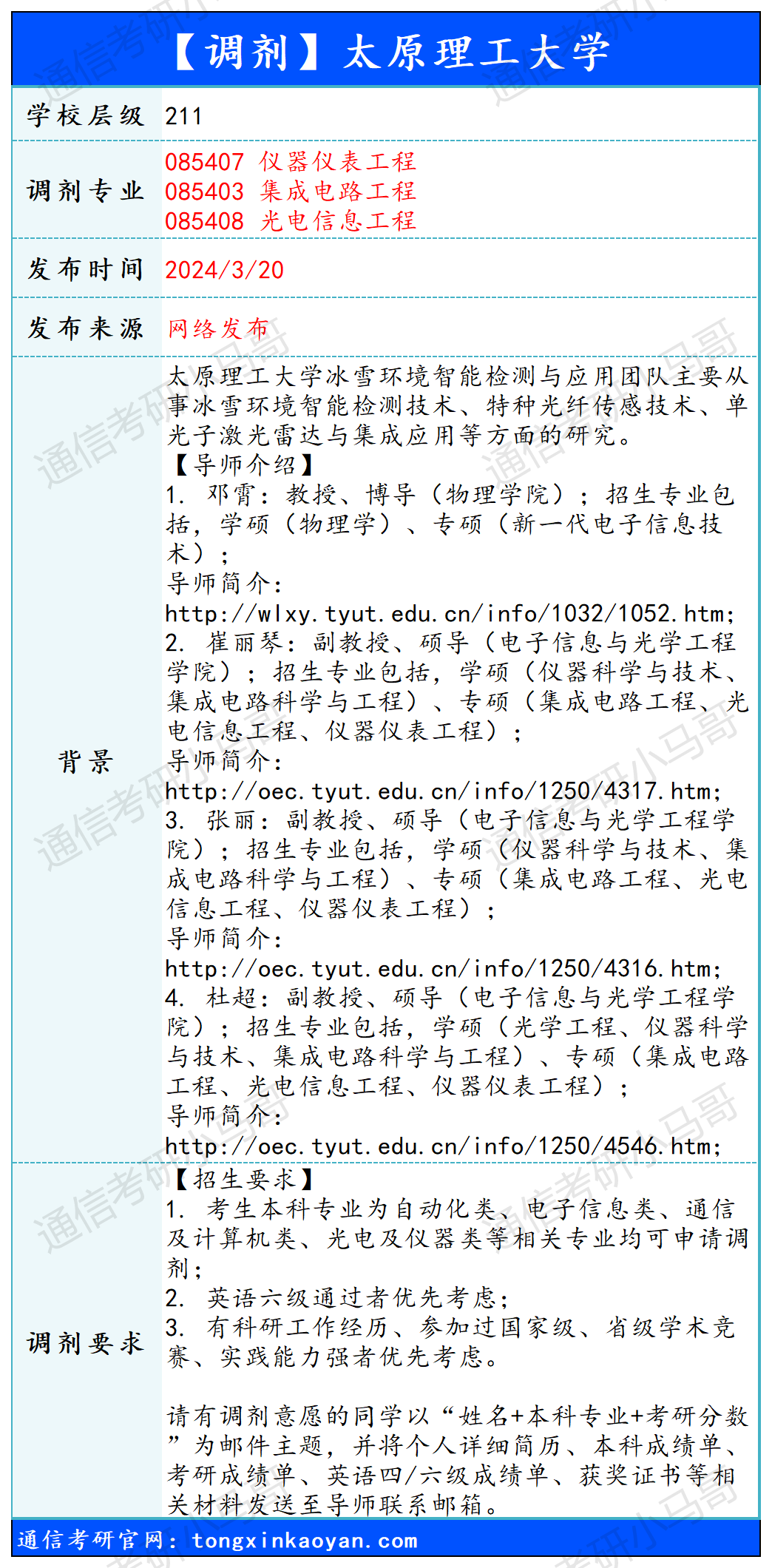图片[1]-【240320】太原理工大学—085407仪器仪表工程、085403集成电路工程、085408光电信息工程-梦马考研