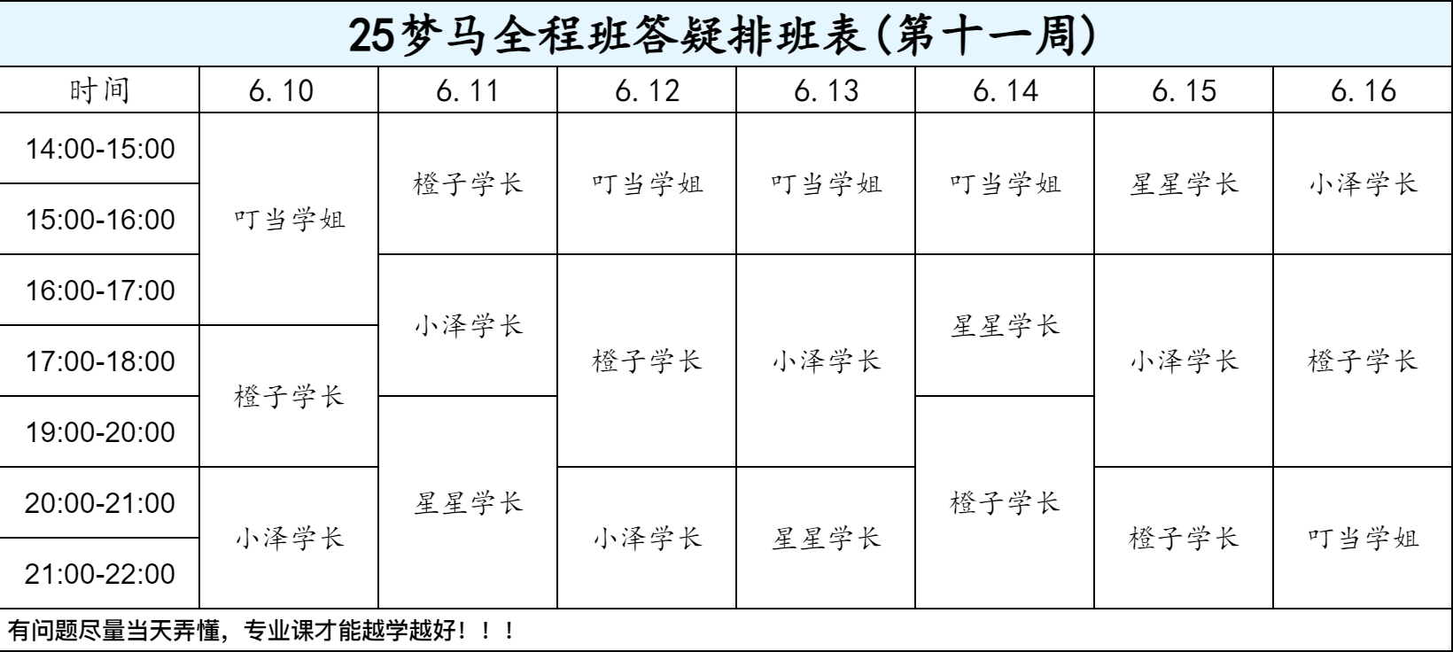 【六月-第十一周-答疑排班表】-梦马班每日资讯！圈子-通信考研-梦马考研