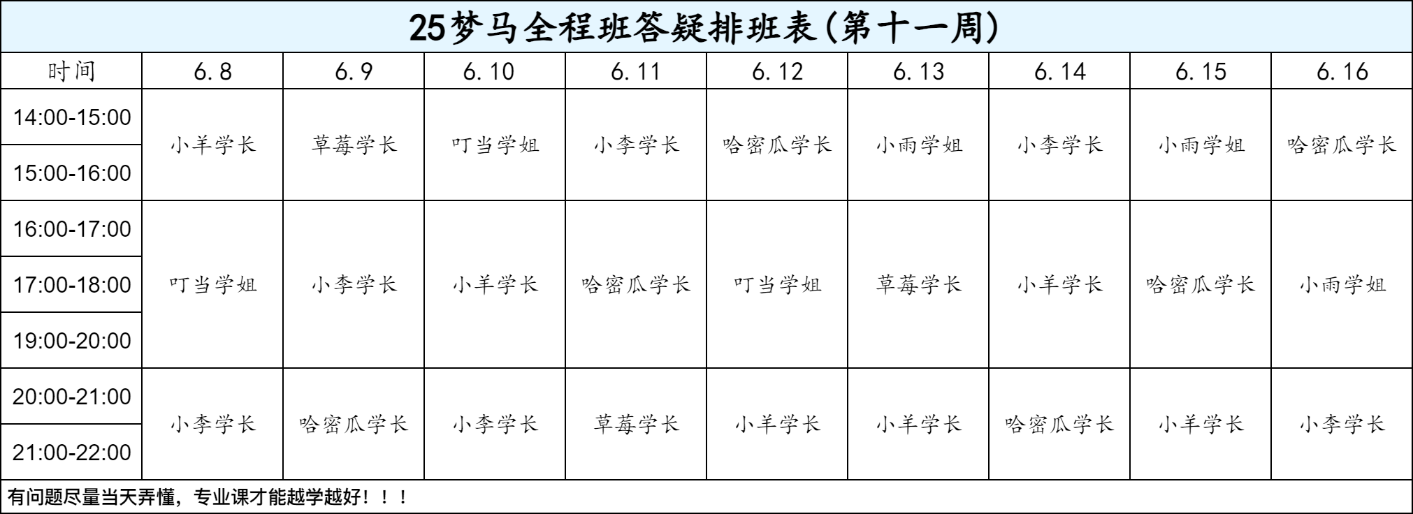 【六月-第十一周-答疑排班表】-梦马考研