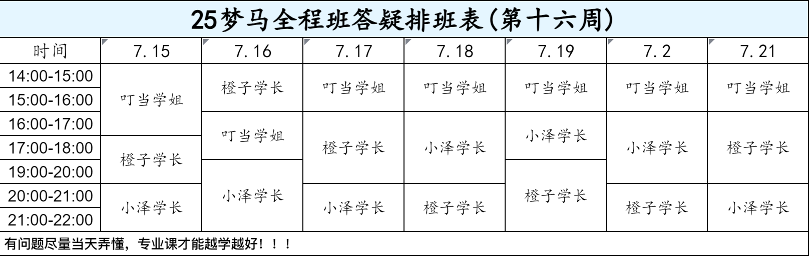 【七月-第十六周-答疑排班表】-梦马班每日资讯！圈子-通信考研-梦马考研