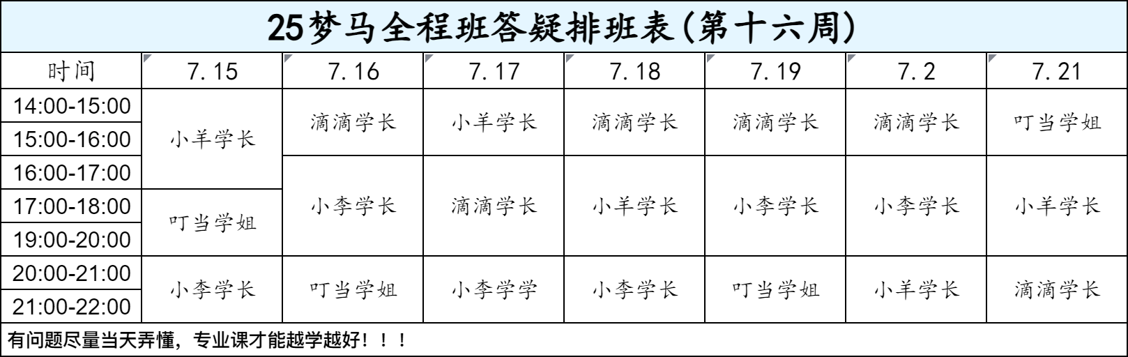 【七月-第十六周-答疑排班表】-梦马考研