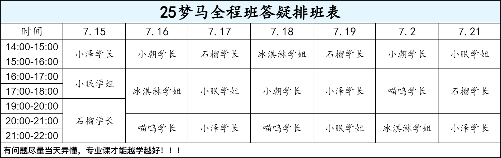 【七月-第十六周-答疑排班表】-梦马考研