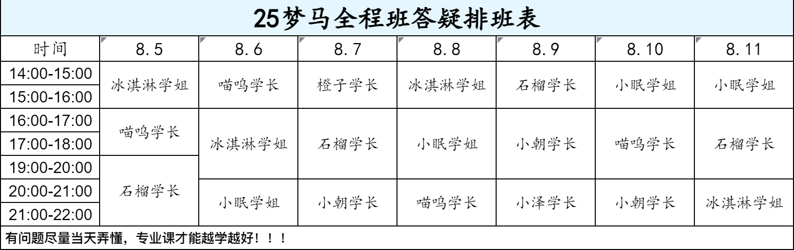 【八月-第十九周-答疑排班表】-梦马考研